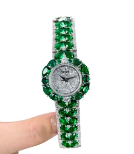 Luxury Elegant Lady Quartz Wristwatch Brass Case Glass Fresh Green Zircon Miyota Movement Fashionable Buckle Clasp White Color