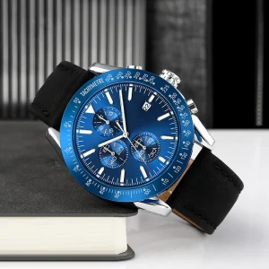 Luxury Fashion Alloy Leather Strap Three Eyes Six Needle Timing Quartz Watch Multifunction Chronograph Waterproof Luminous Men’s