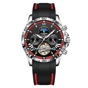 Luxury Fashion Automatic Mechanical Watch Tourbillon Date Moonphase Display Silicone Strap Wood Band Glass Dial Diver