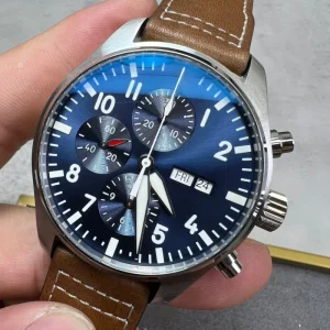 Luxury Fashion Chronograph Watch for Men Automatic Movement Watch Blue Dial Brown Leather Strap Water Resistant Wristwatch