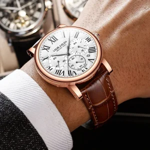 Luxury Fashion Leisure Quartz Wristwatch Alloy Leather 42mm Men’s Pointer Dial 30M Water Resistant