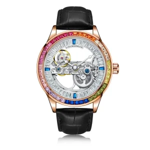 Luxury Fashion Skeleton Mechanical Watch Color Diamond Stainless Steel Case Waterproof Wristwatch for Business Party