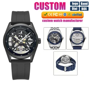 Luxury Fashion Skeleton Mechanical Watch Pointer Sapphire Crystal Glass Stainless Steel Case 5BAR Waterproof Rubber