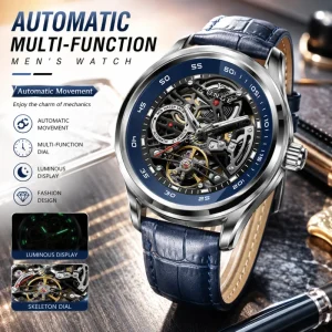 Luxury Fully Automatic Hollow Dial Mechanical Men’s Watch Multifunctional Luminous Leather Strap Fashionable Business Watch