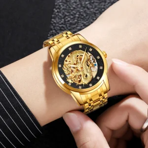 Luxury Gold Business Steel Waterproof Men Skeleton Automatic Mechanical Watch Jam Tangan Wristwatch