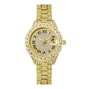 Luxury Gold Plated Jewelry Full Bling Diamond Zircon Waterproof Quartz Watches for Women Men