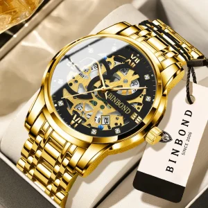 Luxury Gold Skeleton Wristwatch Diamond Transparent Hollow Dial Metal Strap Waterproof Automatic Watch Men