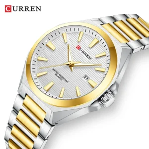 Luxury Gold White Men’s Quartz Watch, Stainless Steel Strap, Casual Design Dial, Luminous Hands