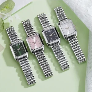 Luxury Gold Women’s Square Quartz Watch Stainless Steel Alloy Band Simple Analog 24 mm for Female Students
