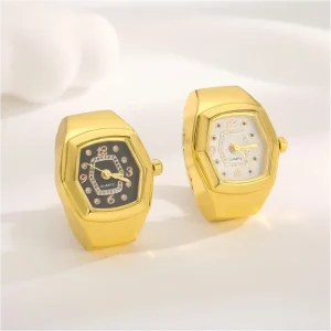 Luxury Hexagon Quartz Ring Watch Engagement Wedding Multi Color Dial Stainless Steel Zinc Alloy Gold Plated Elastic Band Unisex