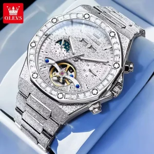 Luxury Hollow Tourbillon Automatic Mechanical Men Gold Watch Waterproof Stainless Steel Men’s Diamond Dial Watches