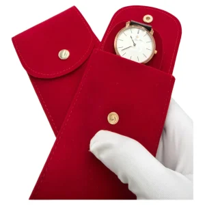 Luxury Leather Breathable Watch Pouch Velvet Snap Closure Single Watch Storage Travel Case Insert 130x70mm