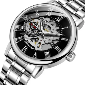 Luxury Mechanical Stainless Steel Skeleton Men’s Watch with Power Reserve