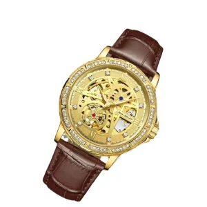 Luxury Mechanical Watch Leather Band & Alloy Case 42mm Pointer Dial Luminous Display & Auto Date 3BAR Water Resistant