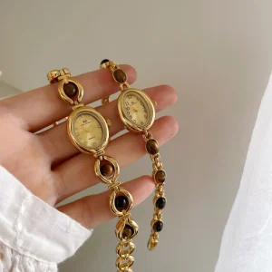 Luxury Medieval Style Women’s Watch Gold Tone with Gemstone Inlay Vintage Elegant Quartz Wristwatch