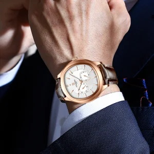 Luxury Men Automatic Mechanical Watch Rose Gold Stainless Steel Case Leather Strap Business Wristwatch