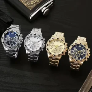 Luxury Men’s Analog Quartz Watch Business Fashion Style 45mm Pointer Dial Luminous Gold Stainless Steel Strap 20mm