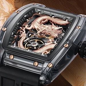 Luxury Mens Automatic Mechanical Watch 46MM Acrylic Case Rubber Band Waterproof Luminous Auspicious Dragon Relief