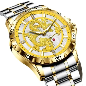 Luxury Men’s Automatic Mechanical Watch Gold Dragon Skeleton Dial Luminous Hands Date Stainless Steel Business Wristwatch