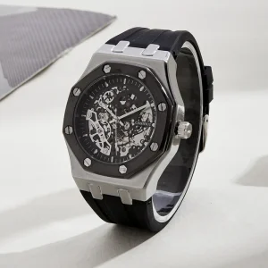 Luxury Men’s Automatic Mechanical Watch Stainless Steel Square Case Self-Winding Hollow Movement Silicone Rubber Band Custom