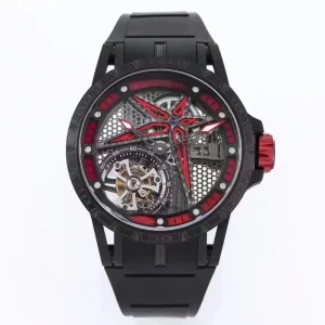 Luxury Men’s Automatic Mechanical Watch with Red and Black Alloy Rotor Tourbillon Movement and Blue Crystal Mirror
