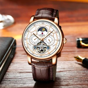 Luxury Men’s Automatic Moon Phase Custom Mechanical Tourbillon Wrist Watch Leather Reloj Para Hombre