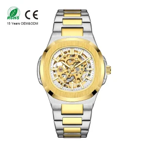 Luxury Men’s Business Skeleton Automatic Watch Oval Dial Pointer Luminous Feature Water Resistant Stainless Steel Band Alloy