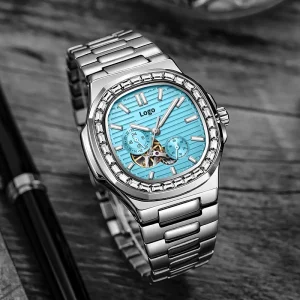 Luxury Men’s Business Watch Alloy Stone Bezel 3ATM Waterproof Fully Automatic Mechanical Design Stainless Steel Band Pointer