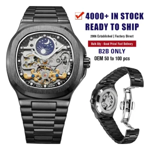 Luxury Men’s Business Watch Solid Stainless Steel Automatic Mechanical Movement Moon Phase Hollow Out