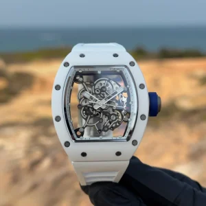 Luxury Men’s Fully Skeleton Watch with White Ceramic Tonneau Case Business Sports Mechanical Wristwatch