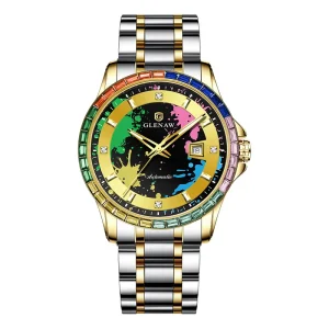 Luxury Men’s Manual Mechanical Watch Two-Tone Stainless Steel Band Luminous Colorful Rhinestone Bezel Date Display