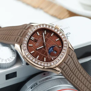 Luxury Men’s Mechanical Automatic Watch Luminous Trendy Rose Gold Diamond Bezel Brown Dial Waterproof Silicone Strap