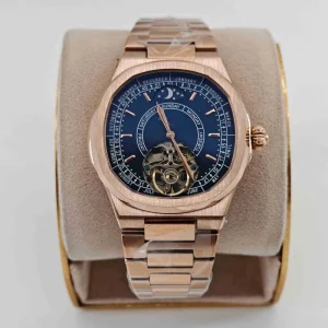 Luxury Men’s Mechanical Automatic Watch Sun Moon Change Dial Mirror Tourbillon Hollow Rose Gold Stainless Steel Band Man Watch