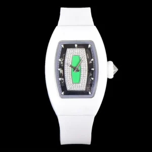Luxury Men’s Mechanical Watch Diamond-Inlaid Big Eye Dial White Ceramic Case Rubber Wine Barrel