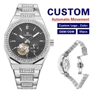 Luxury Men’s Mechanical Watch Stainless Steel Band Waterproof Hollow Rhinestone Tourbillon Automatic