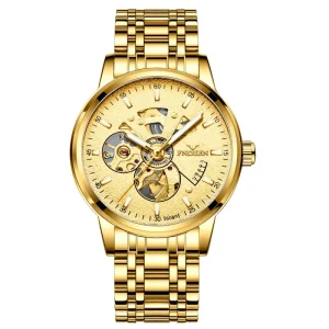 Luxury Men’s Mechanical Watch with Steel Strap, Custom Logo, Glass Dial Window and Pointer Display