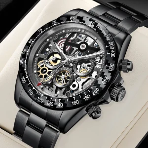 Luxury Men’s Mechanical Wristwatch New Design Stainless Steel Business Style Rainbow Crystal Hoop Glass Dial Pointer Hangzhou