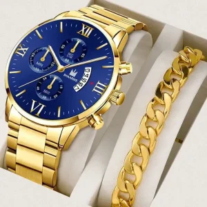 Luxury Men’s Rome Face Watch with Date Gold 2pcs Stainless Steel Bracelet Compass Function