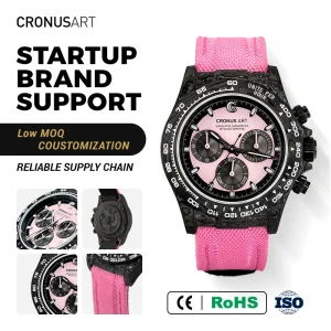 Luxury Men’s Round Mechanical Watch Carbon Fibre Case Sapphire Crystal Pink Canvas Strap