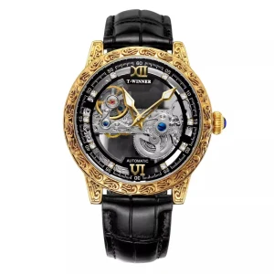Luxury Men’s Skeleton Automatic Watch Vintage Engraved Fashion Charm Mechanical Movement Watch Classic Leather Band Men Watch