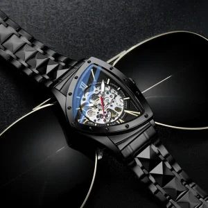 Luxury Men’s Skeleton Automatic Watch with Stainless Steel Strap Business Style Mechanical Watch