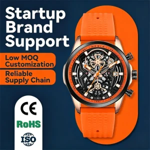 Luxury Men’s Skeleton Chronograph Watch Blue Silicone Strap Waterproof Quartz Wristwatch Hollow Dial Fashion Sport Male
