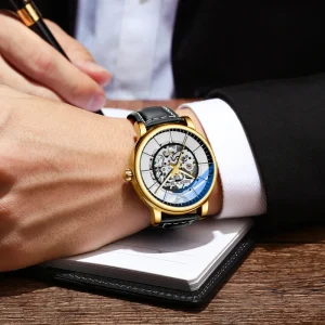 Luxury Men’s Skeleton Mechanical Watch with Luminous Hands Genuine Leather Strap Business Style Automatic Watch