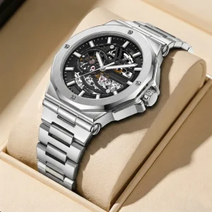 Luxury Men’s Skeleton Mechanical Watch with Stainless Steel Case 26mm Width Glass Dial Window Pointer Display for Business