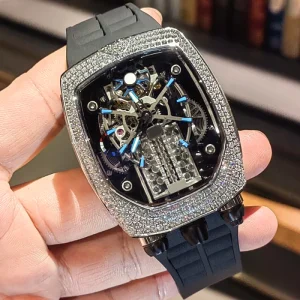 Luxury Men’s Skeleton Watch Automatic Mechanical Movement Hip Hop Diamond Inlaid Ice Cooled Design Glass Dial Crown