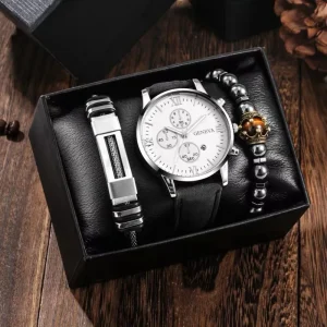 Luxury Men’s Sports Casual 3Pcs Set Quartz Wrist Watch Bracelet Business Fashion Jewelry Gift Alloy Case Leather Glass