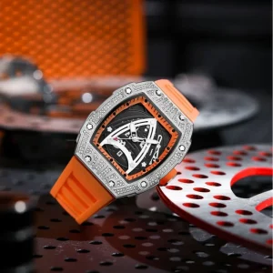 Luxury Men’s Square Shaped Sports Watch Bucket Dial Water Resistant Rubber Band Hip Hop Style Waterproof Leisure Watch
