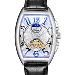 Luxury Men’s Watch Tonneau Skeleton Skull Design Wristwatch Leather Strap Waterproof Chronograph Male Clock for Gift