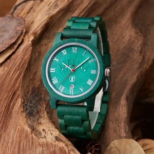 Luxury Miyota Quartz Movement Wooden Wristwatch with Pointer Day Week Calendar Display Fan shaped Glass Wood Watch