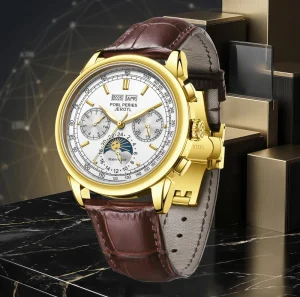Luxury Moon Phase Chronograph Watch for Men Gold Case Leather Strap Multifunction Wristwatch 5ATM Watch for Business
